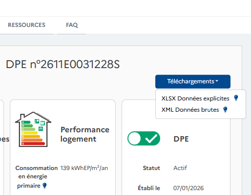 Menu Téléchargements ouvert avec l’option XML Données brutes
